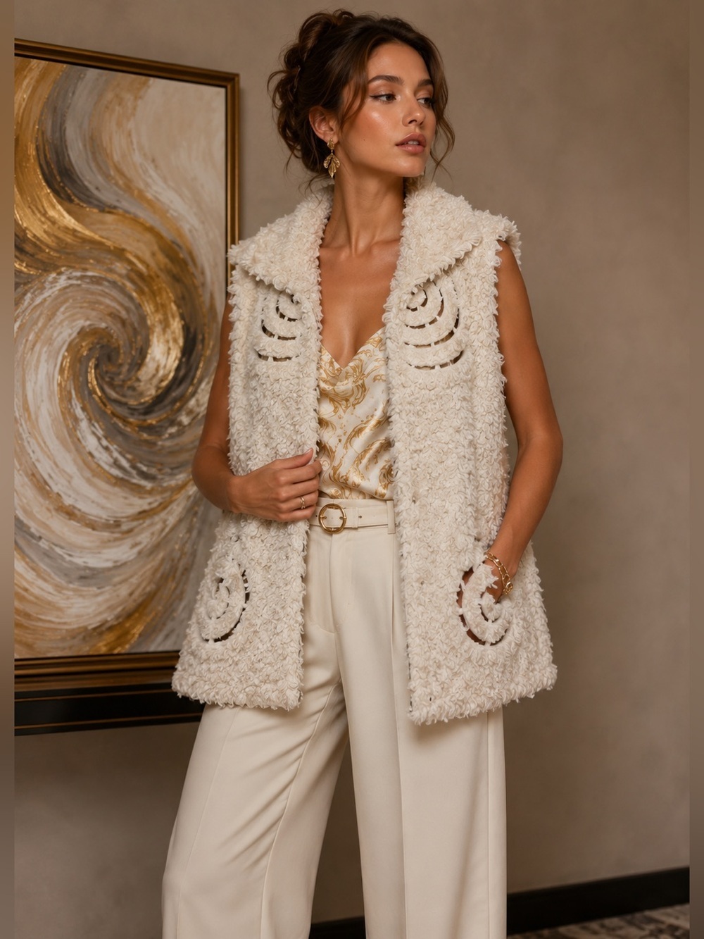 CoVelo SOFT Faux Fur Art-to-Wear Cream Vest, Green Circular Designs, Pockets, 10